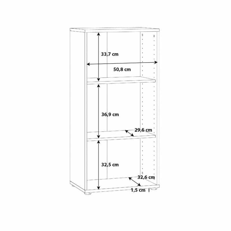 Trendstore Faik halbhohes Regal mit einer Breite von 54 cm und zwei Einlegeböden als Skizze mit Innenmaßen.