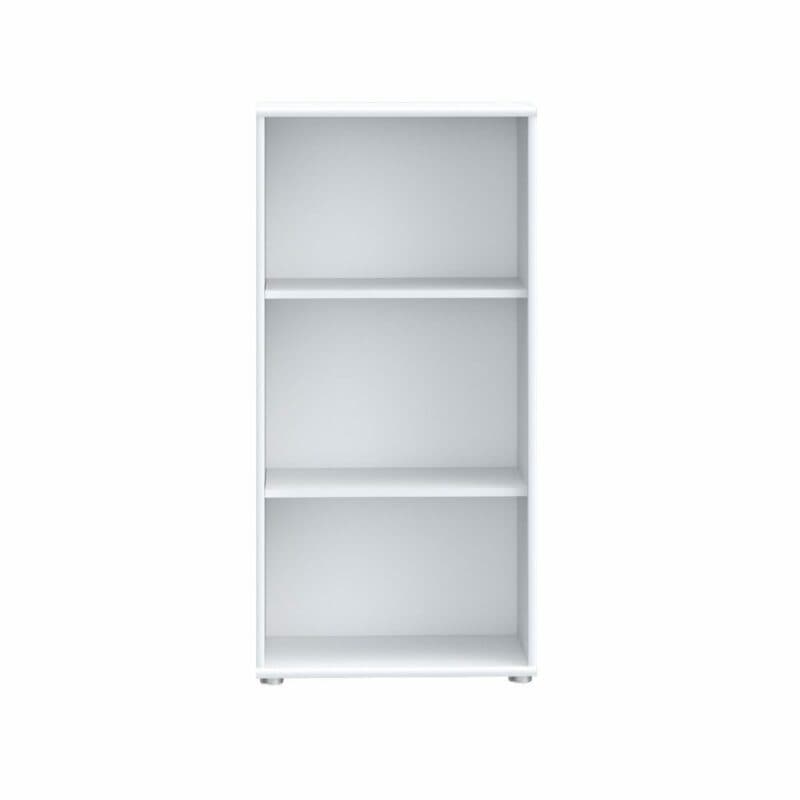 Trendstore Faik halbhohes Regal mit einer Breite von 54 cm und zwei Einlegeböden in Weiß in frontaler Ansicht.