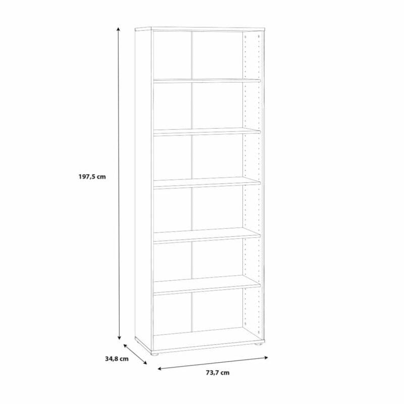 Trendstore Faik hohes Regal mit einer Breite von 73,7 cm und fünf Einlegeböden als Skizze mit Außenmaßen.