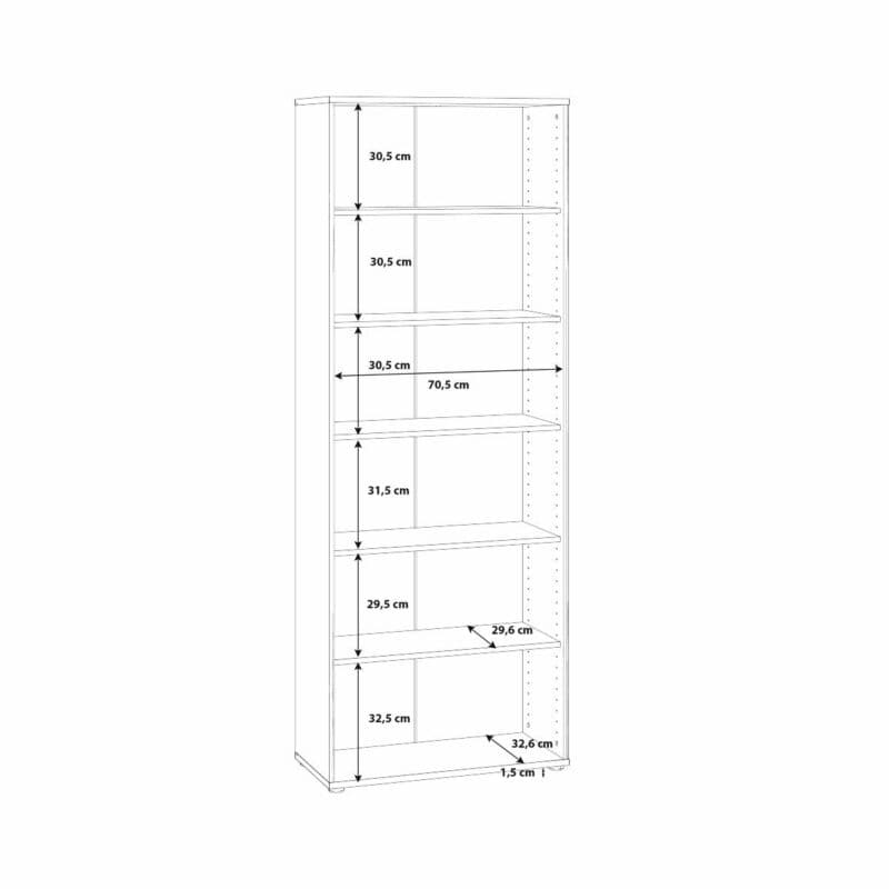Trendstore Faik hohes Regal mit einer Breite von 73,7 cm und fünf Einlegeböden als Skizze mit Innenmaßen.