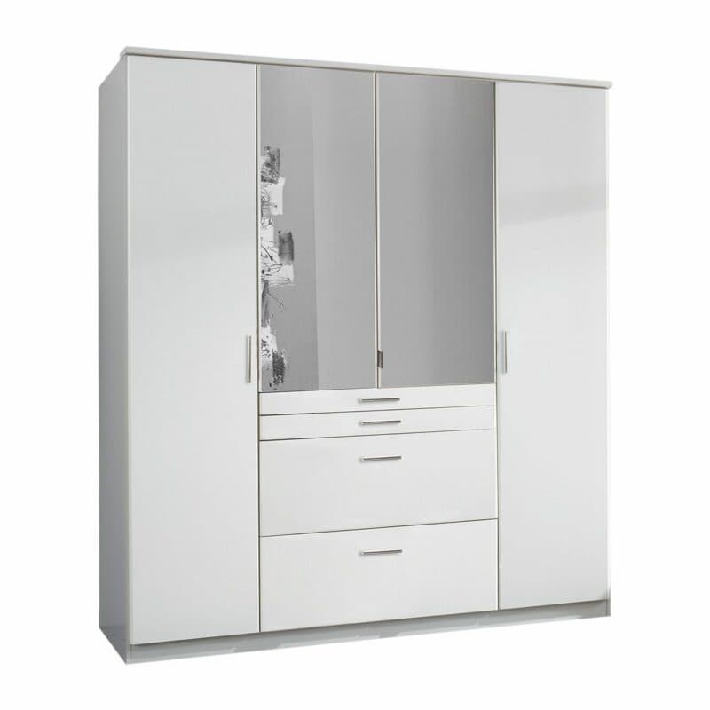 Wimex Aachen Drehtürenschrank in Weiß mit vier Schubladen und vier Türen, zwei davon verspiegelt, als Freisteller.