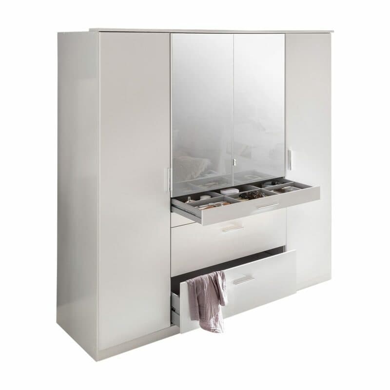 Wimex Aachen Drehtürenschrank in Weiß mit geöffneten Schubladen als Freisteller.