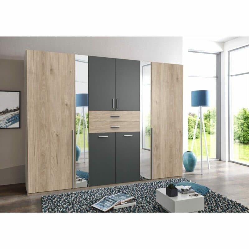 Wimex Vanea Drehtürenschrank mit Korpus in Hickory Oak Nachbildung und Front in Hickory Oak Nachbildung, Dekor graphit, Spiegelglas – Wohnbeispiel