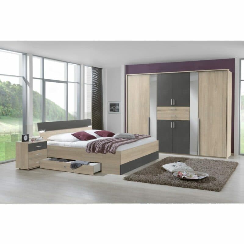 Wimex Xanten Bettanlage und Kleiderschrank in Eiche und Anthrazit als Wohnbeispiel.