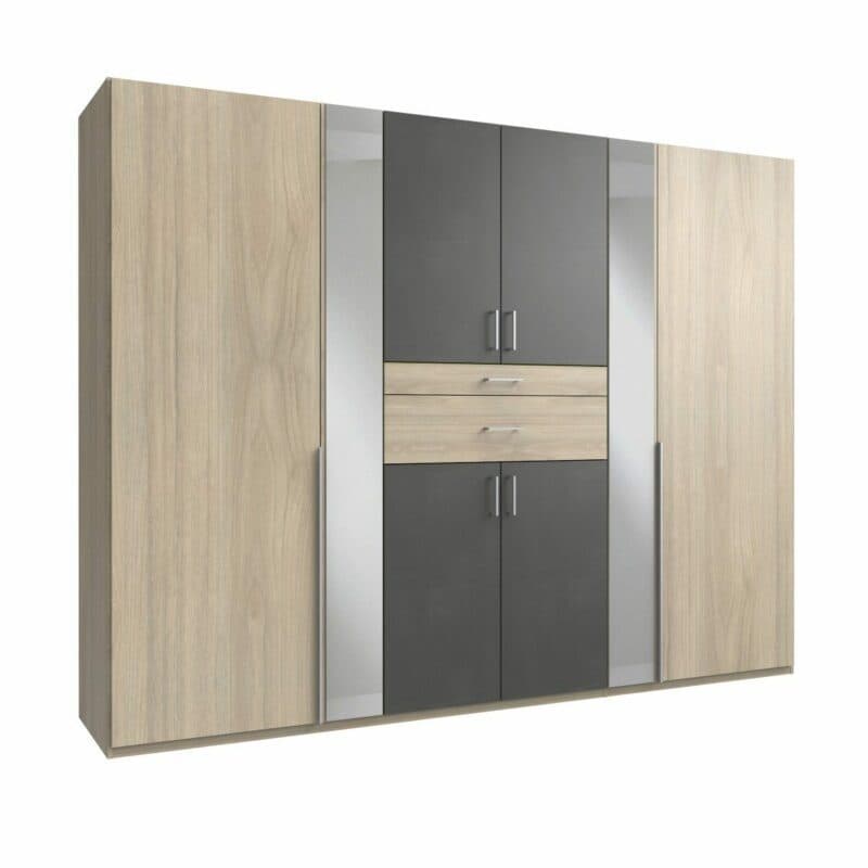 Wimex Xanten Drehtürenschrank mit Spiegeln und Schubladen in Eiche Dekor und Anthrazit als Freisteller.