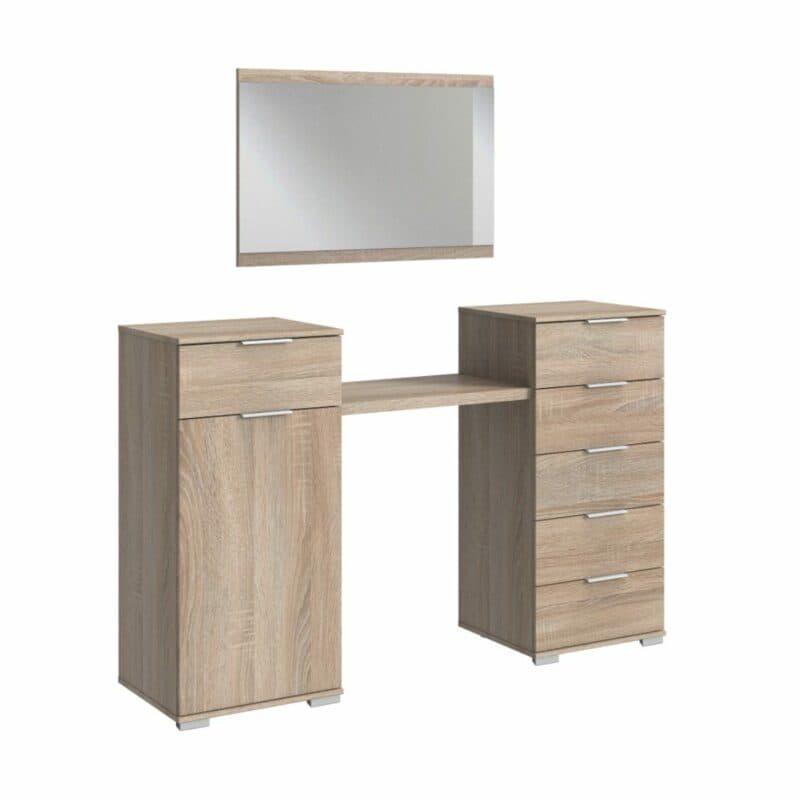 Wimex Easy Plus Schminktisch mit zwei Kommoden, Platte und Spiegel in Eiche sägerau Dekor als Freisteller.
