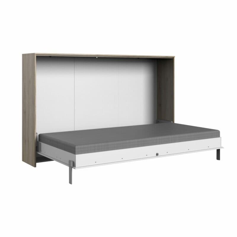 Wimex Juist Schrankbett 120x200 cm mit weißer Front und Korpus in Eiche Dekor als Freisteller in aufgeklapptem Zustand.