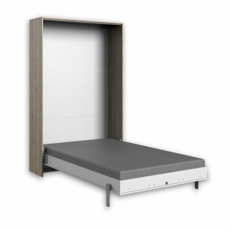 Wimex Juist Schrankbett 120x200 cm, vertikal mit Korpus in Eiche und Front in Weiß als Freisteller in aufgeklapptem Zustand.