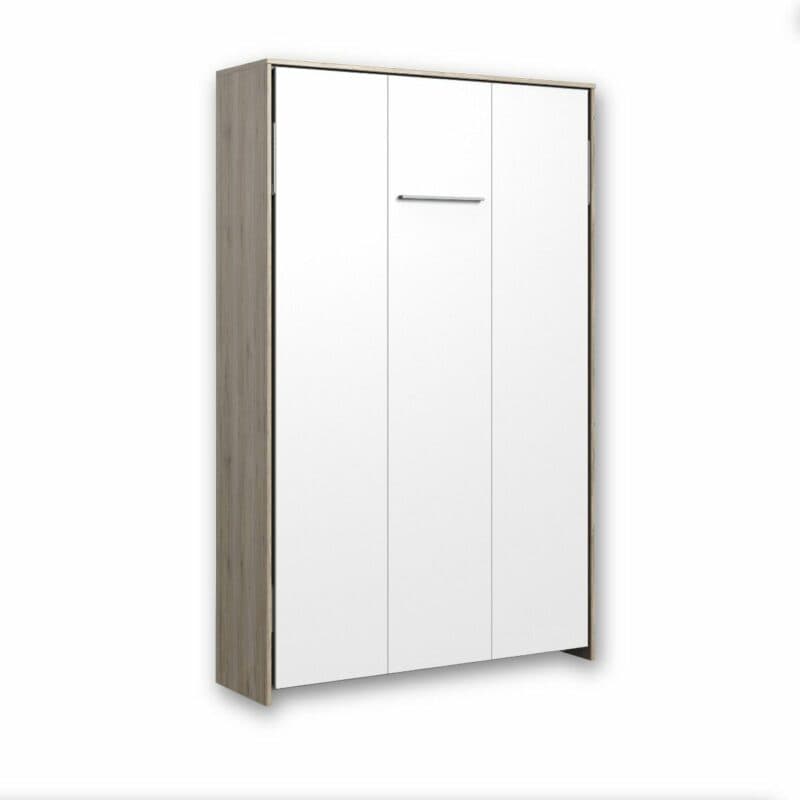 Wimex Juist Schrankbett 120x200 cm, vertikal mit Korpus in Eiche und Front in Weiß als Freisteller in zugeklapptem Zustand.