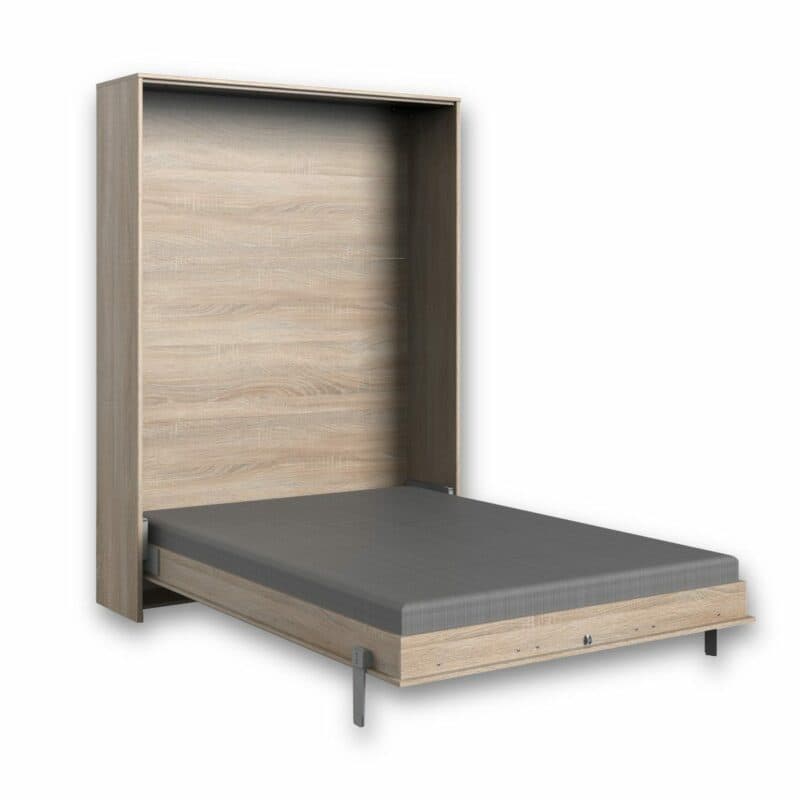 Wimex Juist Schrankbett 140x200 cm, vertikal in Eiche als Freisteller in aufgeklapptem Zustand.