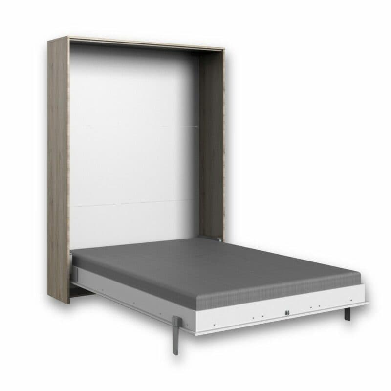 Wimex Juist Schrankbett 140x200 cm, vertikal mit Korpus in Eiche und Front in Weiß als Freisteller in aufgeklapptem Zustand.