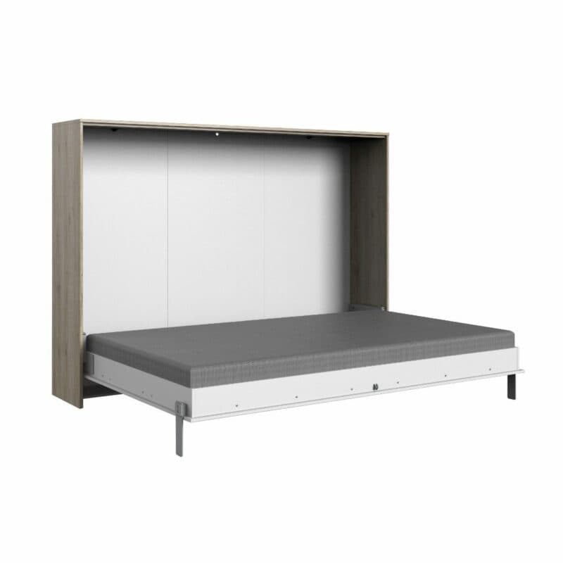 Wimex Juist Schrankbett 140x200 cm mit Front in Weiß und Korpus in Eiche Dekor als Freisteller in aufgeklapptem Zustand.