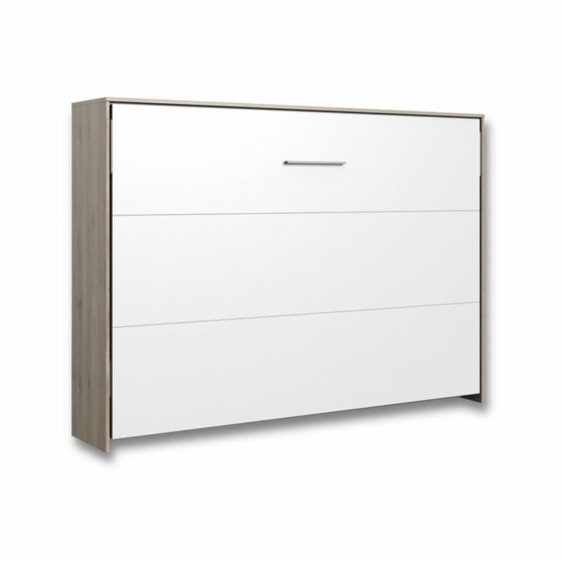 Wimex Juist Schrankbett 140x200 cm mit Front in Weiß und Korpus in Eiche Dekor als Freisteller in zugeklapptem Zustand.