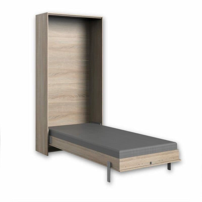 Wimex Juist Schrankbett 90x200 cm, vertikal in Eiche als Freisteller in aufgeklapptem Zustand.