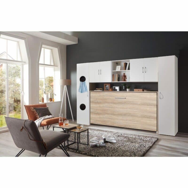 Wimex Juist Schrankbett 90x200 cm in Eiche Dekor als Wohnbeispiel in zugeklapptem Zustand mit Überbau.