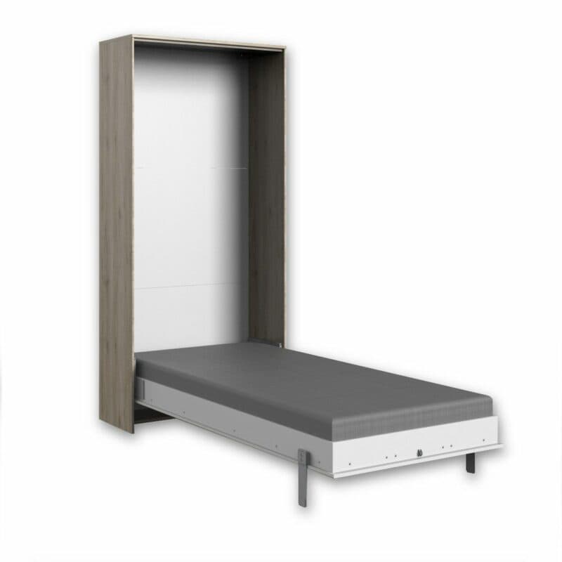 Wimex Juist Schrankbett 90x200 cm, vertikal mit Korpus in Eiche und Front in Weiß als Freisteller in aufgeklapptem Zustand.