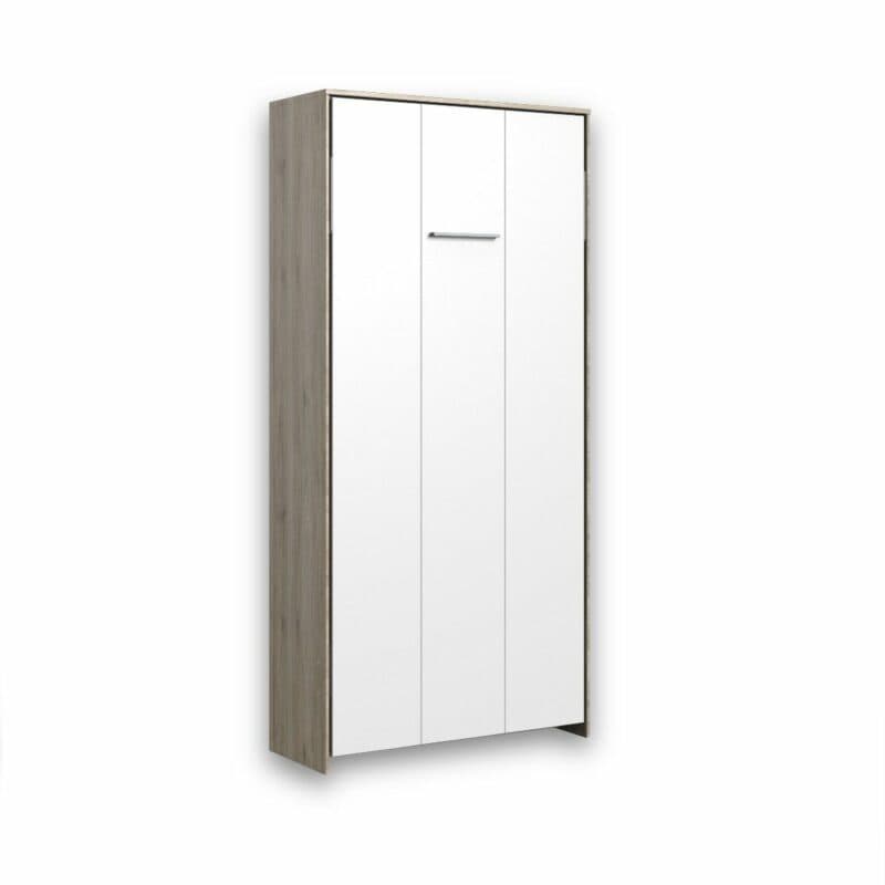 Wimex Juist Schrankbett 90x200 cm, vertikal mit Korpus in Eiche und Front in Weiß als Freisteller in zugeklapptem Zustand.