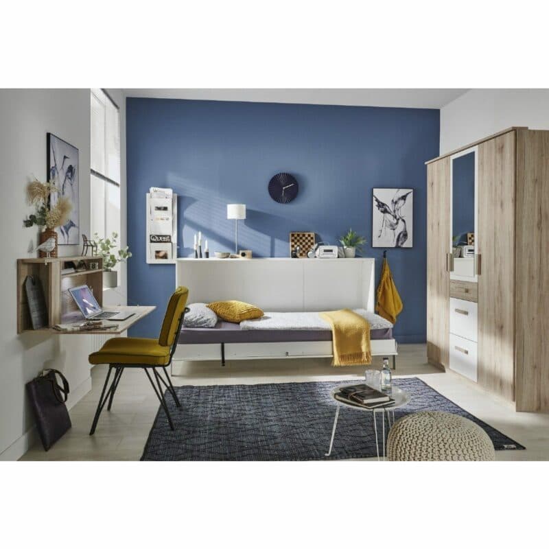 Wimex Juist Schrankbett 90x200 cm in Weiß als Wohnbeispiel in aufgeklapptem Zustand.