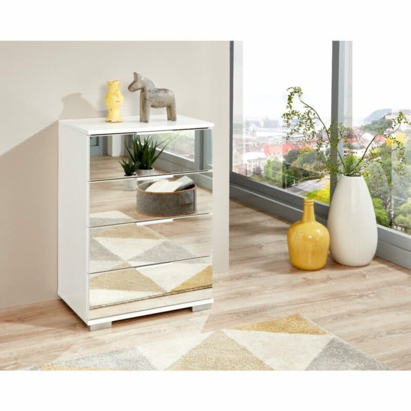 Wimex Easy Plus Nachtkommode Dekor weiß/Spiegelglas – Wohnbeispiel