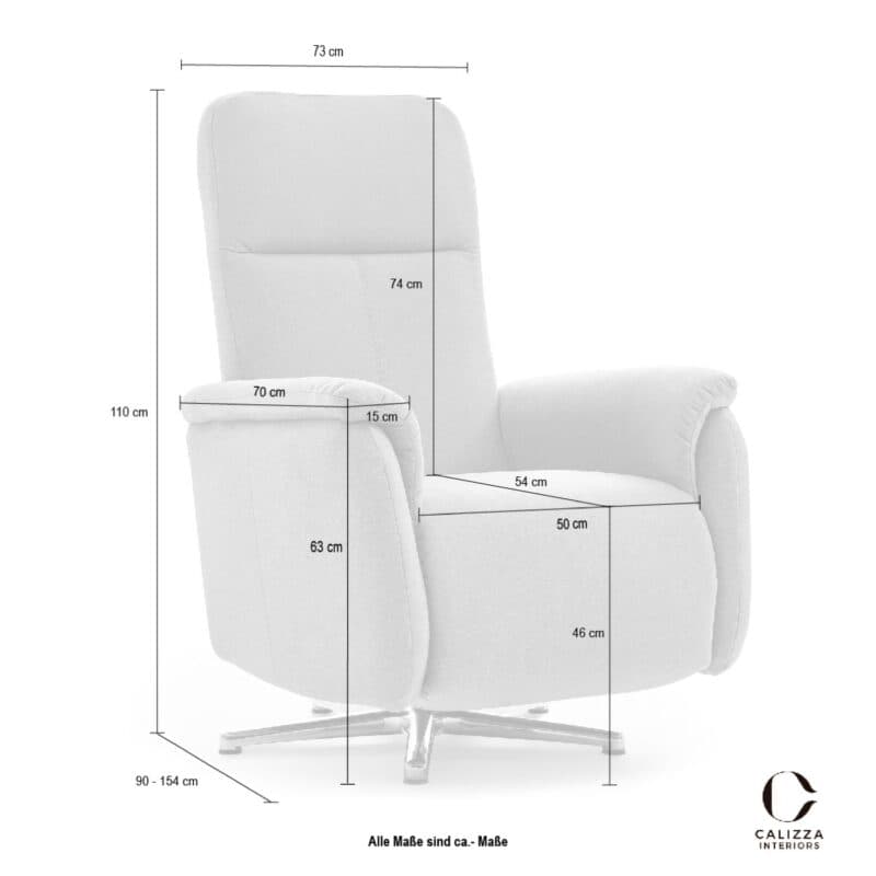 Calizza Interiors Olivin Relaxsessel als Skizze mit Maßen.