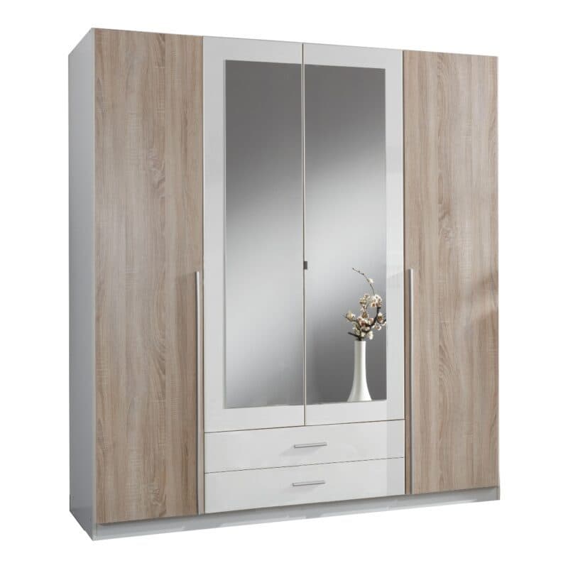 Wimex Skate Drehtürenschrank 4-türig – Front Eiche sägerau Nachbildung, Dekor weiß, Spiegelglas