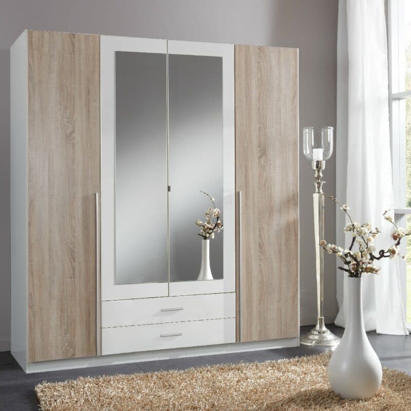 Wimex Skate Drehtürenschrank 4-türig – Front Eiche sägerau Nachbildung, Dekor weiß, Spiegelglas – Wohnbeispiel