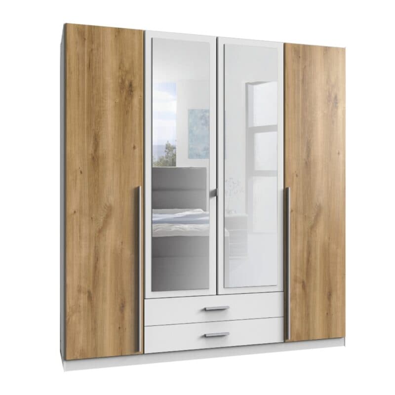 Wimex Skate Drehtürenschrank 4-türig mit Front Plankeneiche Nachbildung, Dekor weiß, Spiegelglas
