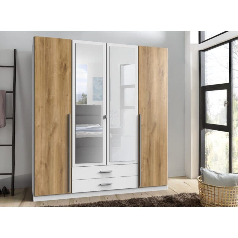 Wimex Skate Drehtürenschrank 4-türig mit Front Plankeneiche Nachbildung, Dekor weiß, Spiegelglas – Wohnbeispiel