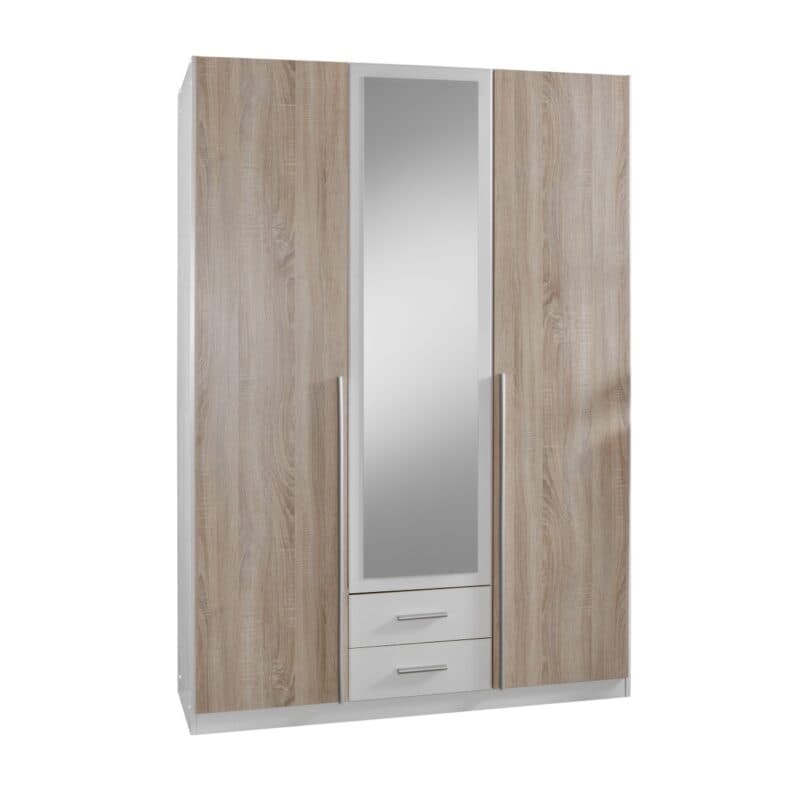 Wimex Skate Drehtürenschrank 3-türig – Front Eiche sägerau Nachbildung, Dekor weiß, Spiegelglas
