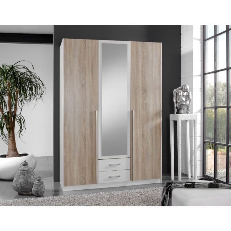 Wimex Skate Drehtürenschrank 3-türig mit Front Eiche sägerau Nachbildung, Dekor weiß, Spiegelglas – Wohnbeispiel