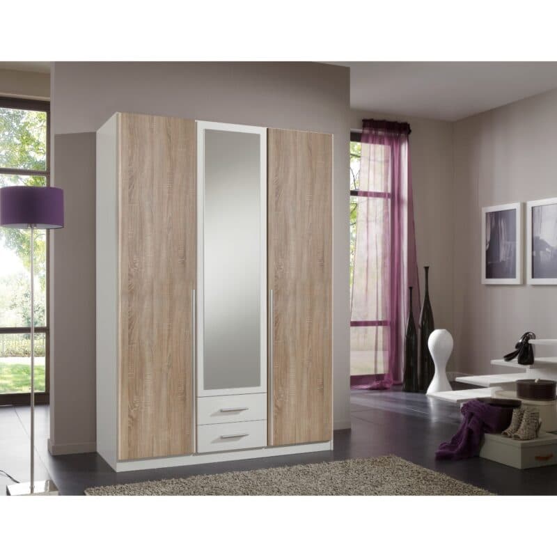 Wimex Skate Drehtürenschrank 3-türig mit Front Eiche sägerau Nachbildung, Dekor weiß, Spiegelglas – Wohnbeispiel