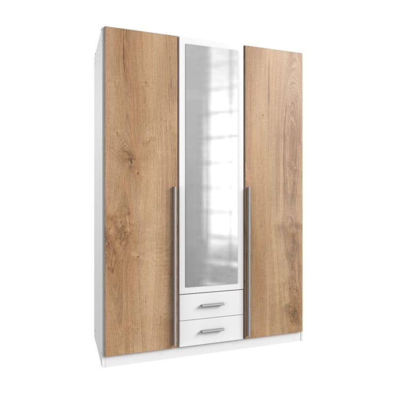 Wimex Skate Drehtürenschrank 3-türig mit Front Plankeneiche Nachbildung, Dekor weiß, Spiegelglas