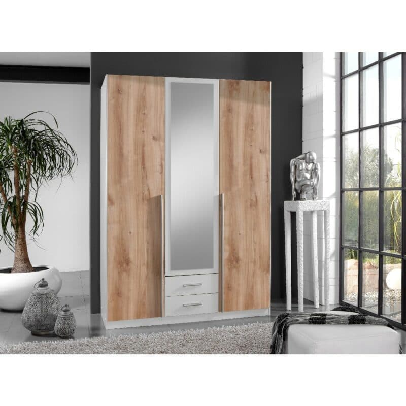 Wimex Skate Drehtürenschrank 3-türig mit Front Plankeneiche Nachbildung, Dekor weiß, Spiegelglas – Wohnbeispiel