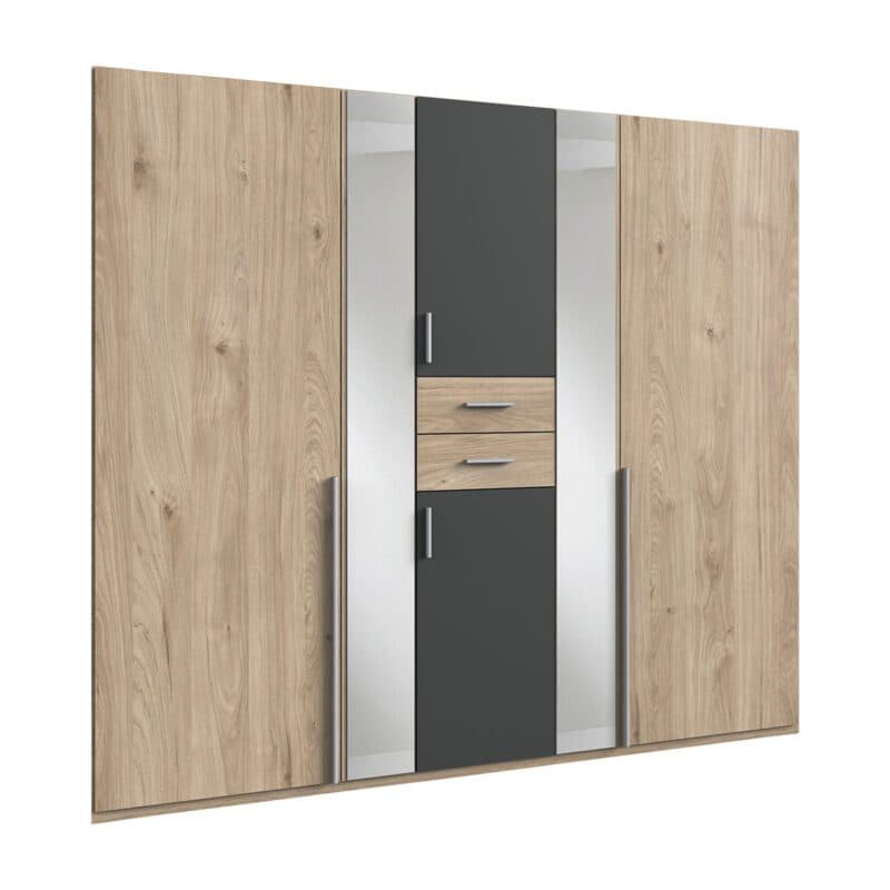 Wimex Vanea Drehtürenschrank 6-türig mit Schubladen in Dekor Hickory Oak, Graphit, Spiegelglas