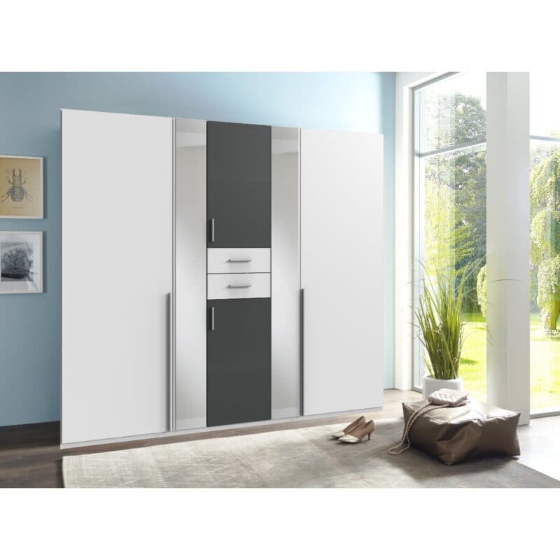 Wimex Vanea Drehtürenschrank 6-türig mit Schubladen in Dekor weiß, Dekor graphit, Spiegelglas – Wohnbeispiel