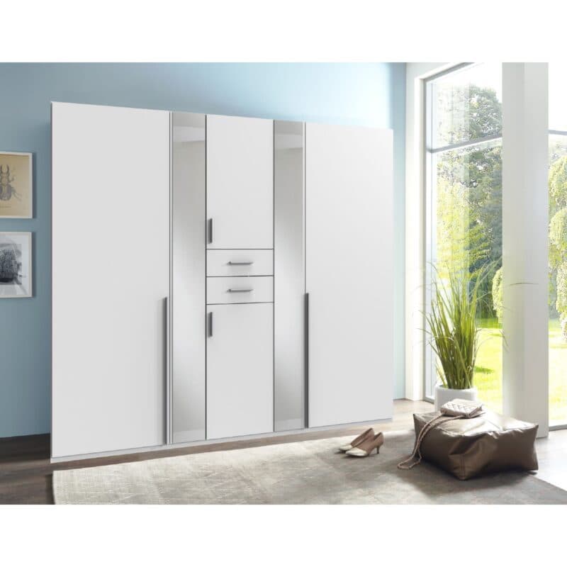 Wimex Vanea Drehtürenschrank 6-türig mit Schubladen in Dekor weiß, Spiegelglas – Wohnbeispiel