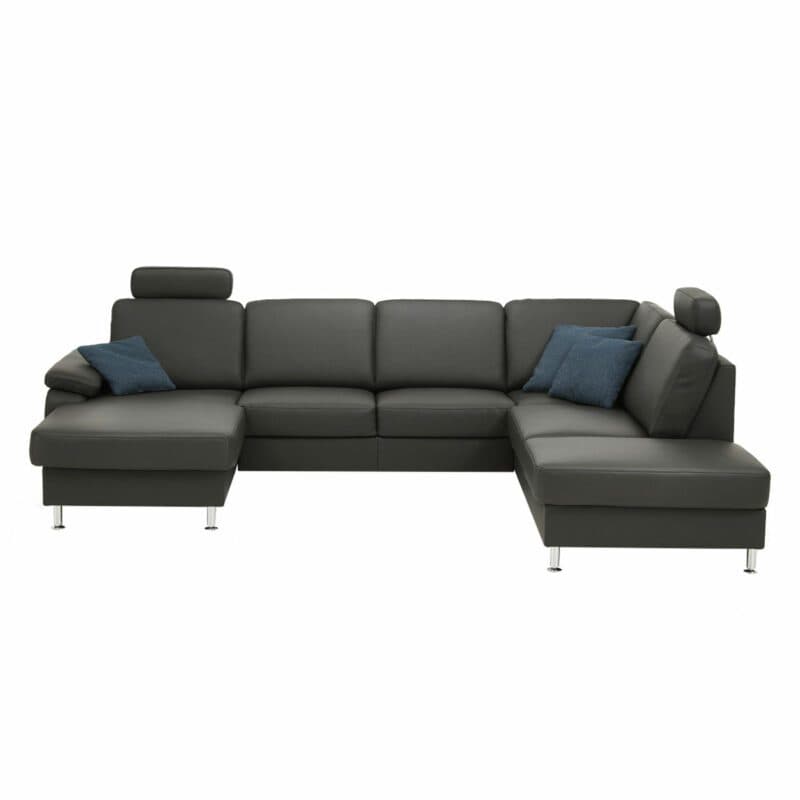 Couchliebe Prato Wohnlandschaft in Leder Torro anthrazit mit Kopfstützen.