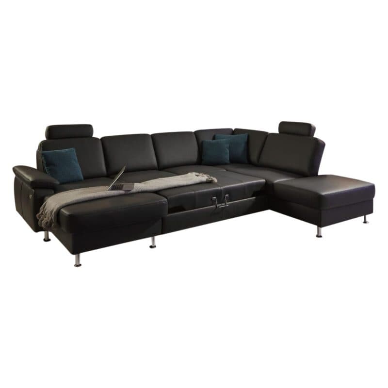 Couchliebe Prato Wohnlandschaft in Leder Torro anthrazit, mit Bettfunktion und Kopfstütze.