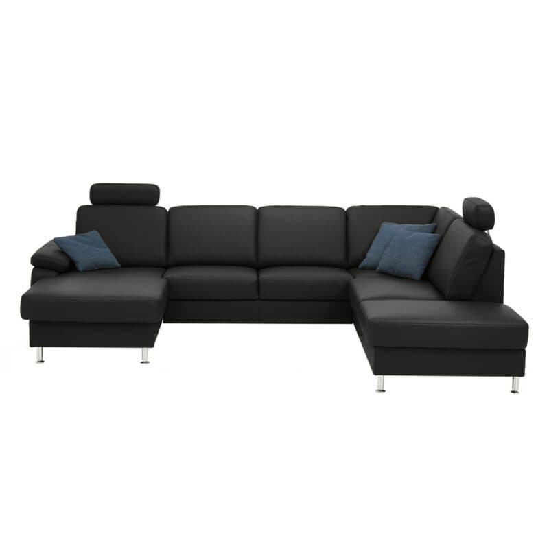 Couchliebe Prato Wohnlandschaft in Leder Torro schwarz mit Kopfstützen.