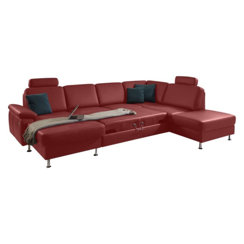 Couchliebe Prato Wohnlandschaft in Leder Torro rosso, mit Bettfunktion und Kopfstütze.