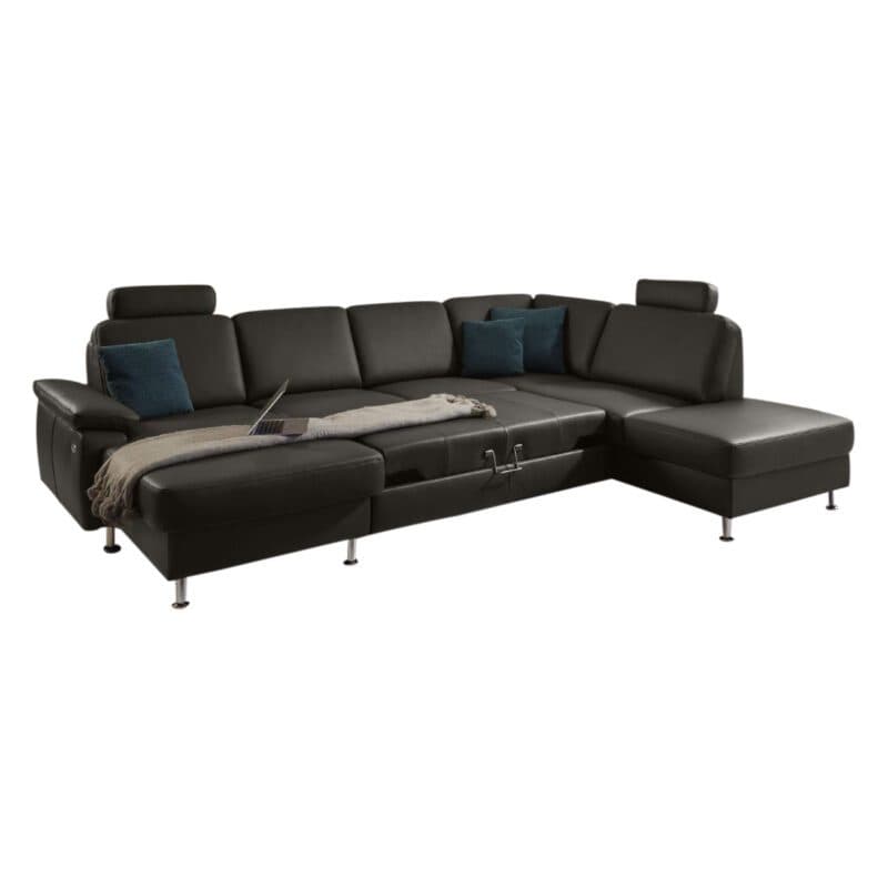 Couchliebe Prato Wohnlandschaft in Leder Torro schoko, mit Bettfunktion und Kopfstütz.