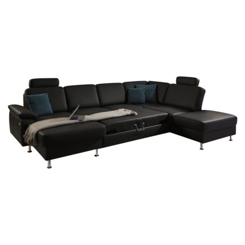 Couchliebe Prato Wohnlandschaft in Leder Torro schwarz, mit Bettfunktion mit Kopfstützen.