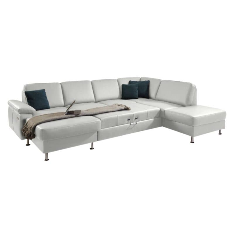 Couchliebe Prato Wohnlandschaft in Leder Torro white, mit Bettfunktion.