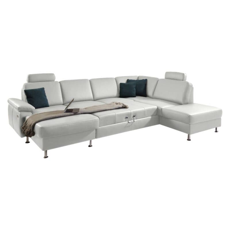Couchliebe Prato Wohnlandschaft in Leder Torro white, mit Bettfunktion und Kopfstütze.