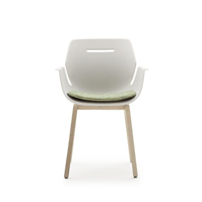 Raum.Freunde Tooon Stuhl mit Armlehnen, Sitzschale in Kunststoff weiß mit 4-Fuß-Gestell in Eiche.