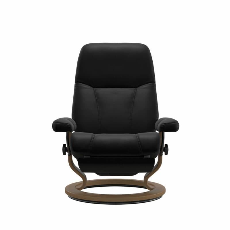 Stressless Consul Classic Power Relaxsessel mit Lederbezug Batick Black und Gestell in Eiche - frontal