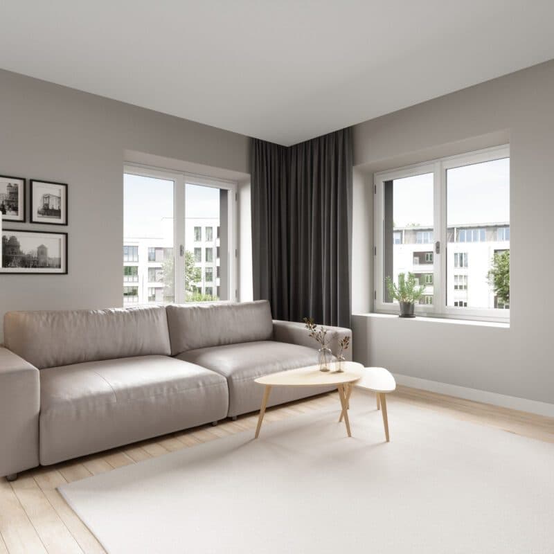 Musterring Lucia 2,5 Sitzer Puro bisquit Kontrastnaht Zweinadelnaht Wohnbeispiel