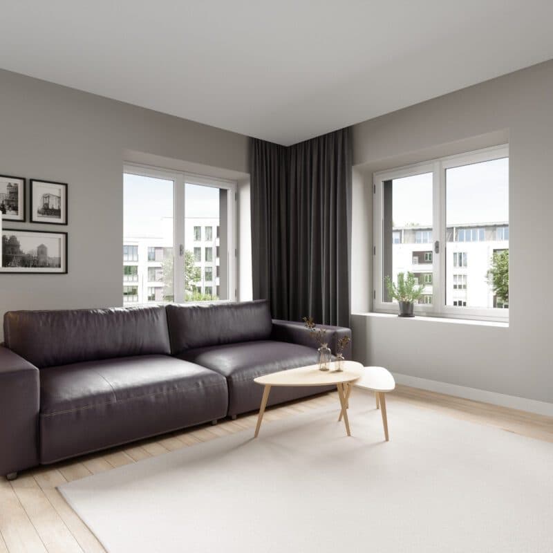 Musterring Lucia 2,5 Sitzer Puro bordeaux Kontrastnaht Zweinadelnaht Wohnbeispiel