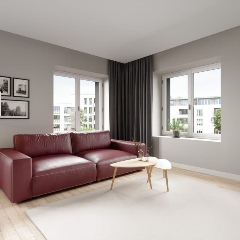 Musterring Lucia 2,5 Sitzer Puro cherry Kontrastnaht Kreuzstichoptik Wohnbeispiel