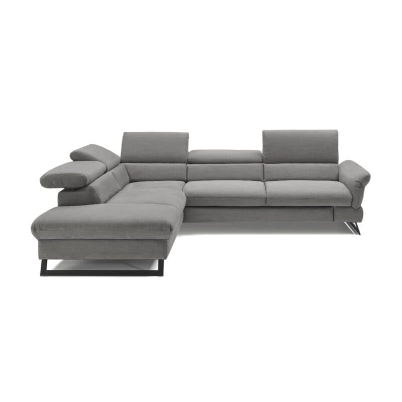 Trendstore Cassandra Ecksofa mit Bezug Webstoff Taupe und Ottomane links – unterschiedliche Stellungen Kopfstützen